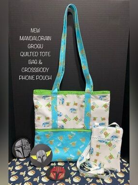NEW MANDALORAIN GRUGO QUILTED HANDMADE TOTE & CROSSBODY PHONE POUCH SET